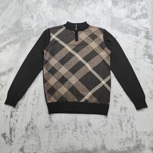 Vintage Y2K Studio by Omega Sweater Mens S Black Brown Plaid 1/4 Zip Pullover